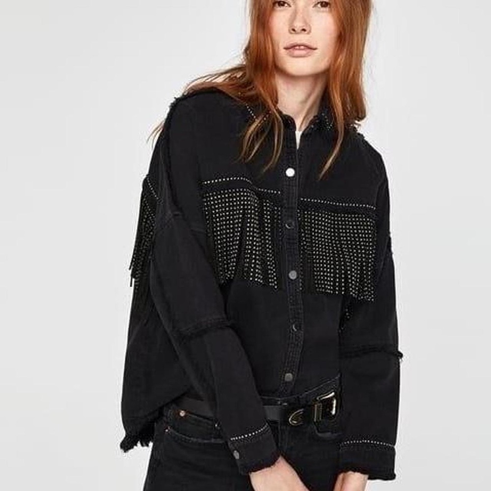 Zara Denim Sequin Fringe Jacket